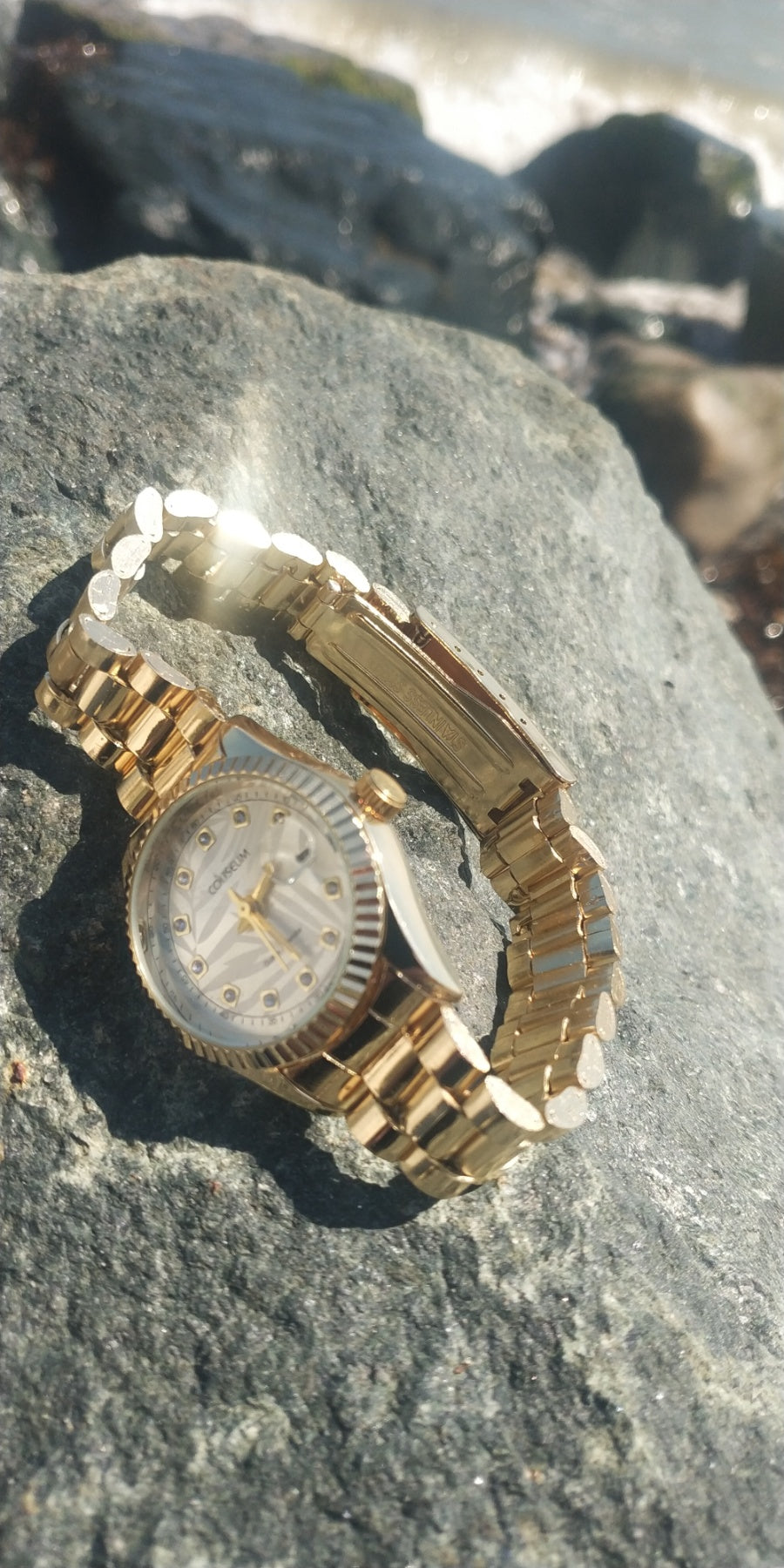 Women’s Elegant Gold Stainless Steel Watch With Crystals On Dial Date Display