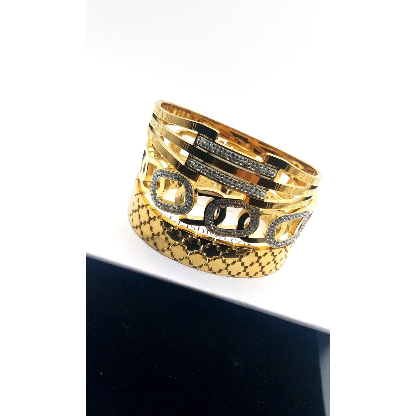 “Hug” Wide Stainless Steel Bracelet with Rhinestone Accents