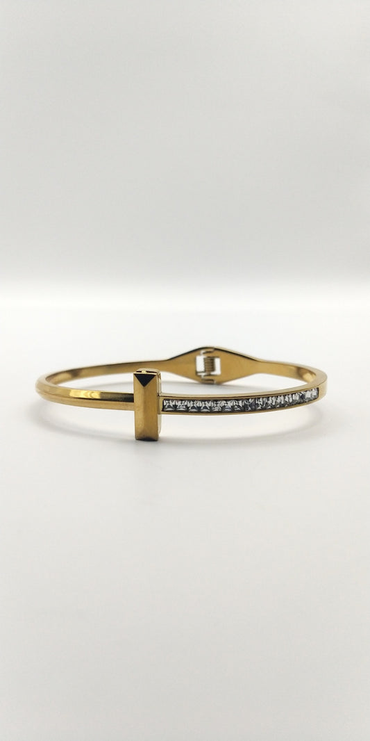 Stainless Steel Geometric Cuff Bracelet with Crystal Accents