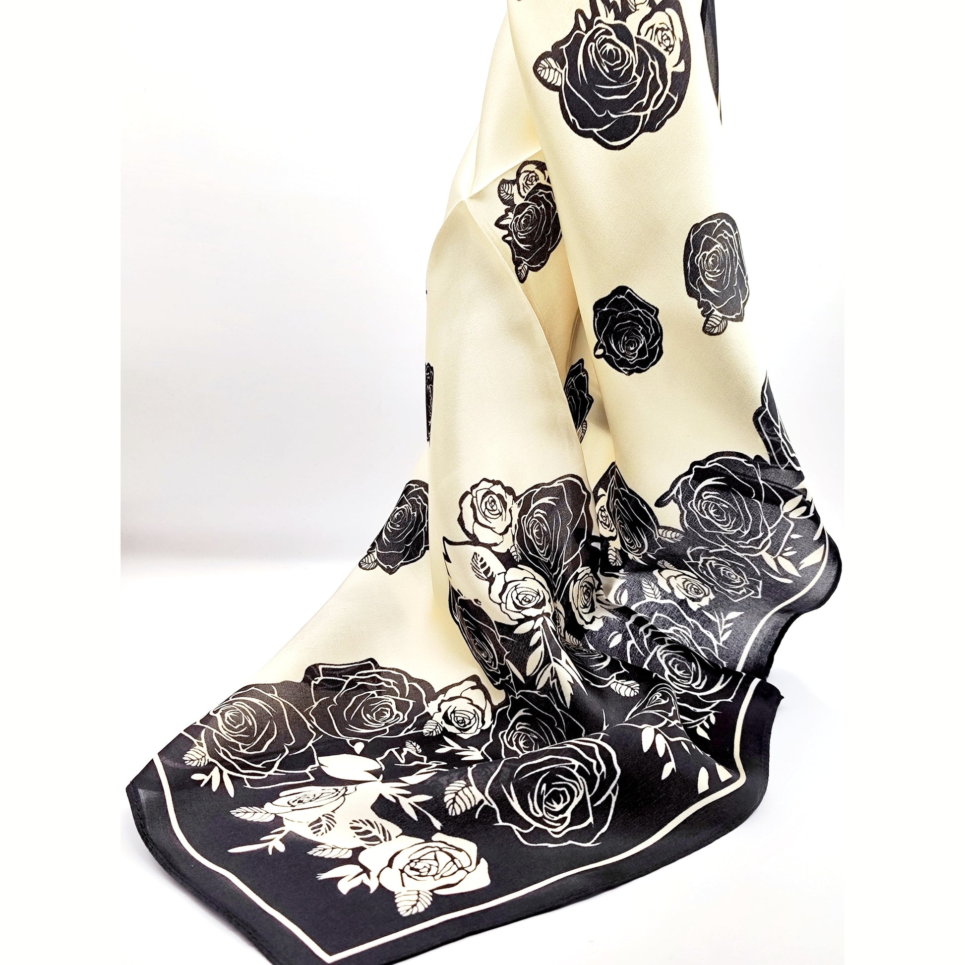 Noir Rose luxury silk square scarf 55x55 black rose motif on cream background CF fashion