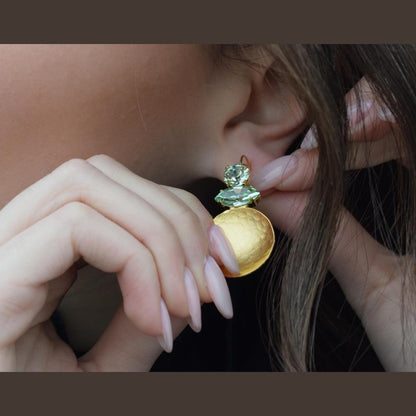 Santorini earrings with crystal – Greek hammered jewelry in 18K gold plated, 18K silver plated, and rose gold plated. Handcrafted earrings with hammered discs and sparkling crystals inspired by the island of Santorini.