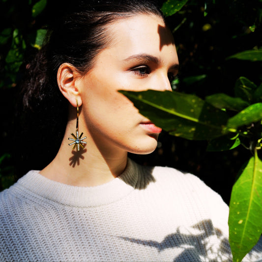 Starburst Curved Bar Dangle Earrings – Modern Stainless Steel, Hypoallergenic