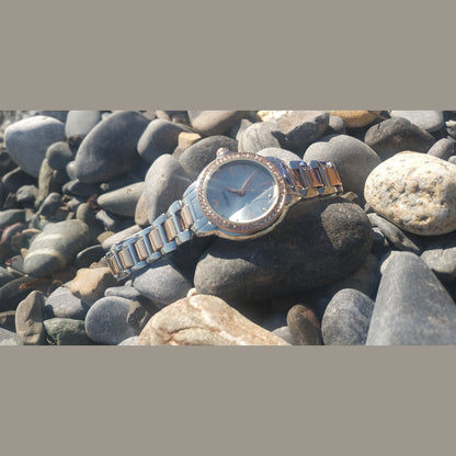 Women’s two-tone stainless steel watch with silver dial and crystal bezel – elegant gift watch
