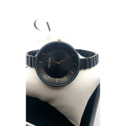Women’s elegant black stainless steel watch with rose gold dial accents – fashion wristwatch