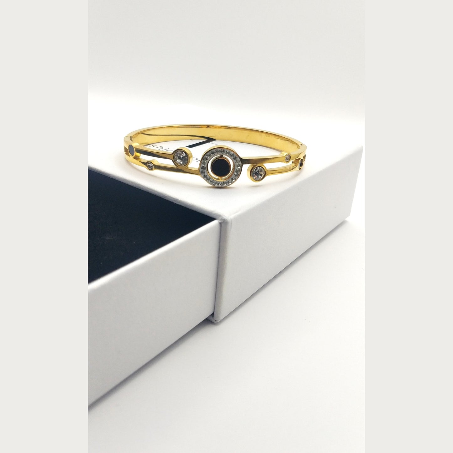 Stainless Steel Bracelet with Black Solitaire and White Crystal Accents