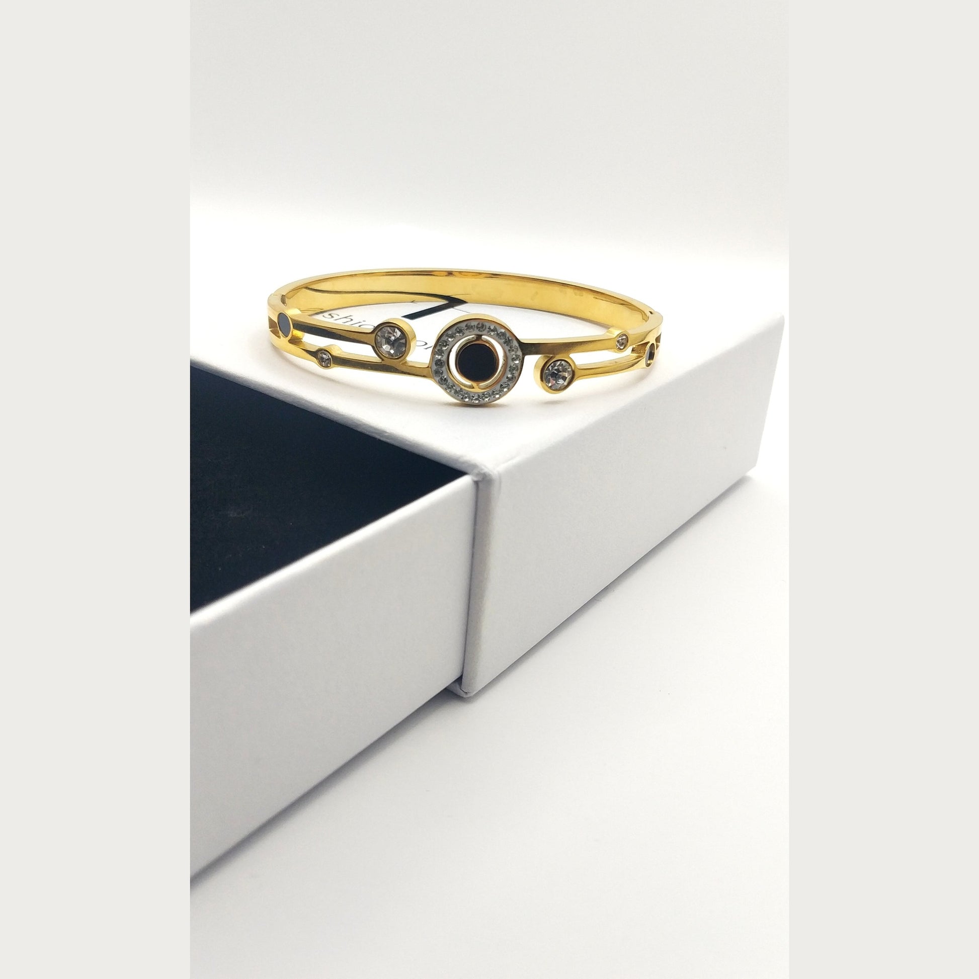 Stainless Steel Bracelet with Black Solitaire and White Crystal Accents