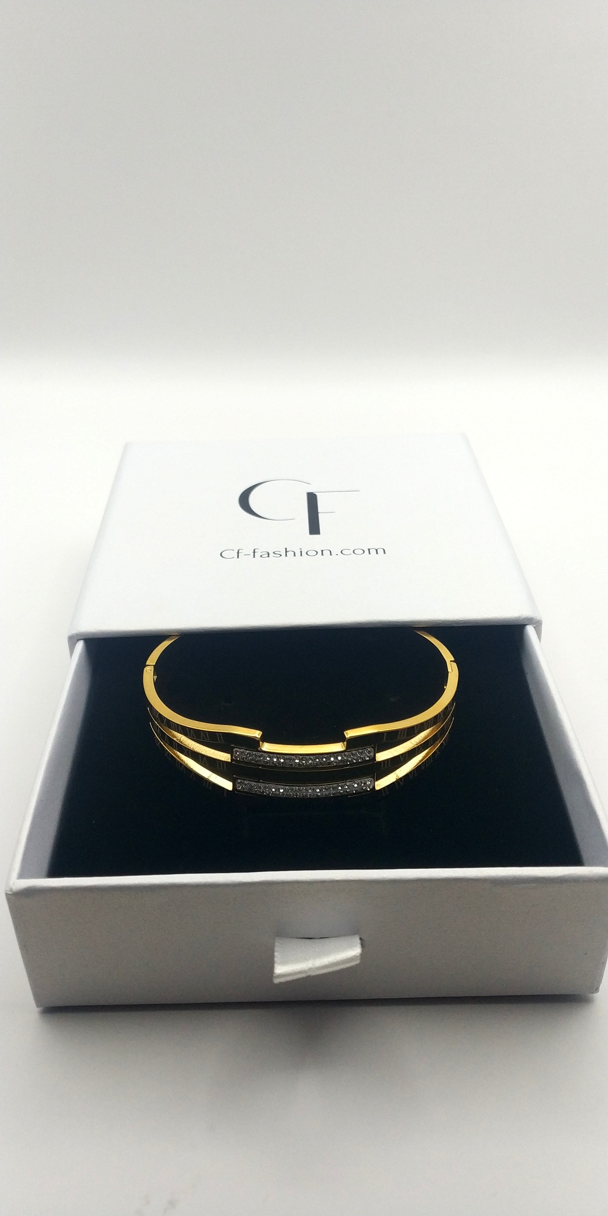 Stainless Steel Cuff Bracelet with Roman Numerals and Geometric Rhinestone Accents