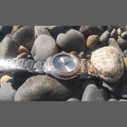 Women’s two-tone stainless steel watch with silver dial and crystal bezel – elegant gift watch