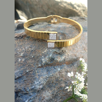 Stainless Steel Watch-Link Bracelet with Square Rhinestone Details