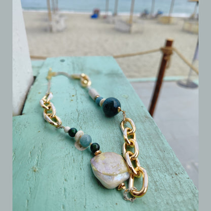 Handmade Green Gemstone & Mother of Pearl Necklace – 18K Gold Plated & Hypoallergenic