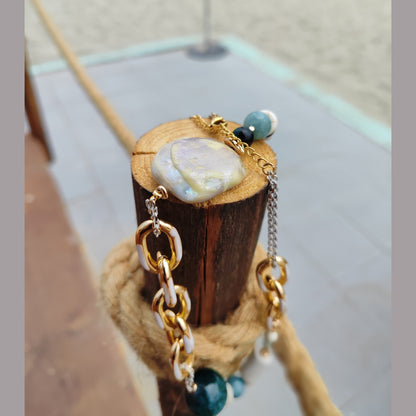Handmade Green Gemstone & Mother of Pearl Necklace – 18K Gold Plated & Hypoallergenic