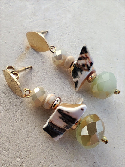 Handmade Jasper Earrings with 18K Gold Plating & Natural Greek Sea Shells 