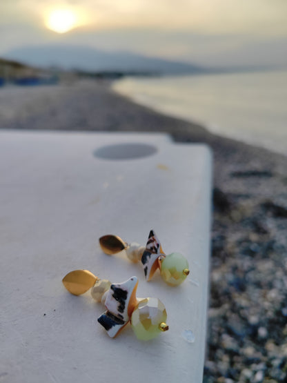 Handmade Jasper Earrings with 18K Gold Plating & Natural Greek Sea Shells 
