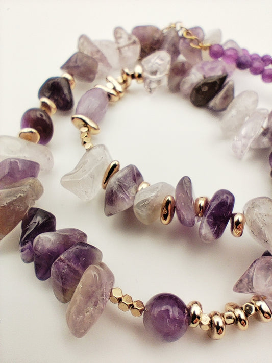 Handmade Amethyst Chip Necklace – Natural Purple Gemstones & Gold Plated Accents 