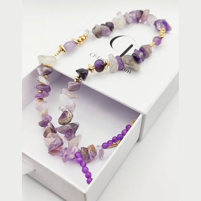Handmade Amethyst  Necklace – Natural Purple Gemstones & Gold Plated Accents 