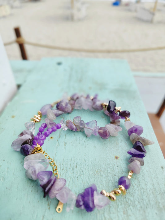 Handmade Amethyst Chip Necklace – Natural Purple Gemstones & Gold Plated Accents 