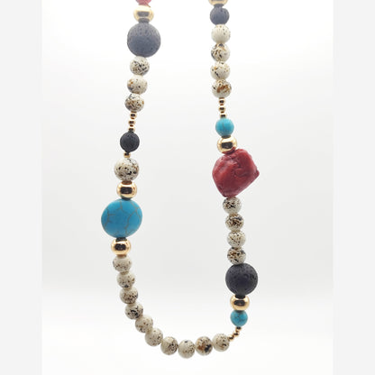 Handmade Natural Stone Necklace – Red Coral, Turquoise & Lava Beads – 18K Gold Plated & Hypoallergenic - HNSN 723 - -CF fashion