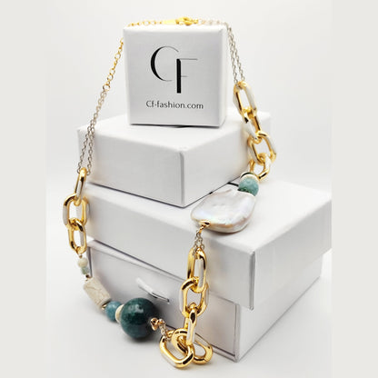 Handmade Green Gemstone & Mother of Pearl Necklace – 18K Gold Plated & Hypoallergenic