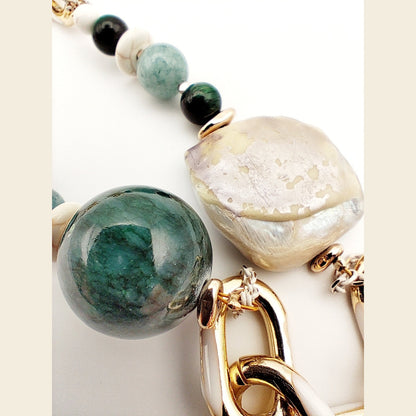 Handmade Green Gemstone & Mother of Pearl Necklace – 18K Gold Plated & Hypoallergenic