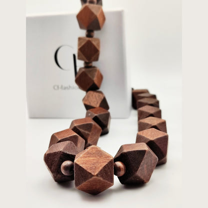 Handmade Geometric Wooden Bead Necklace – Natural & Dark Wood Statement Jewelry - HNSN 727 - CF fashion