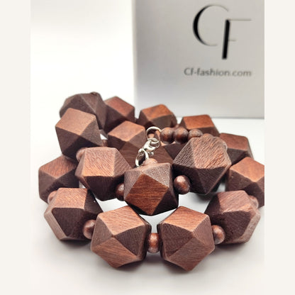 Handmade Geometric Wooden Bead Necklace – Natural & Dark Wood Statement Jewelry - HNSN 727 - CF fashion