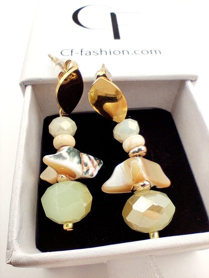 Handmade Jasper Earrings with 18K Gold Plating & Natural Greek Sea Shells 