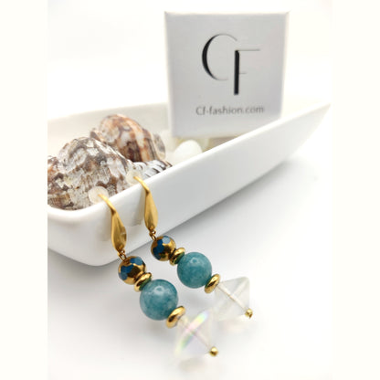 Elegant 18K Gold Plated Handmade Earrings with Amazonite and Opalite Crystals 