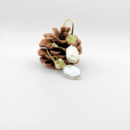 Handmade hypoallergenic 18K gold plated earrings with freshwater pearls and lime nephrite gemstone -HNSE 6 - CF fashion