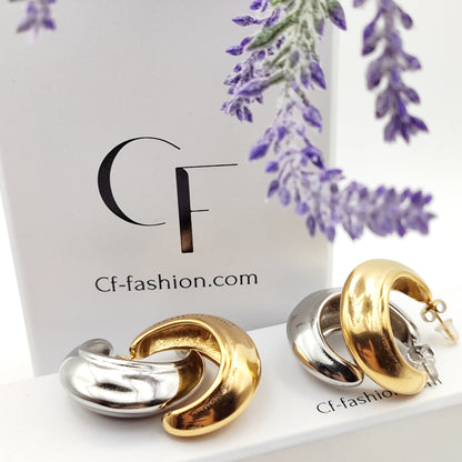 Bold Curved Stainless Steel Hoop Earrings – Wide Ancient Greek Style Hoops in Silver or Gold