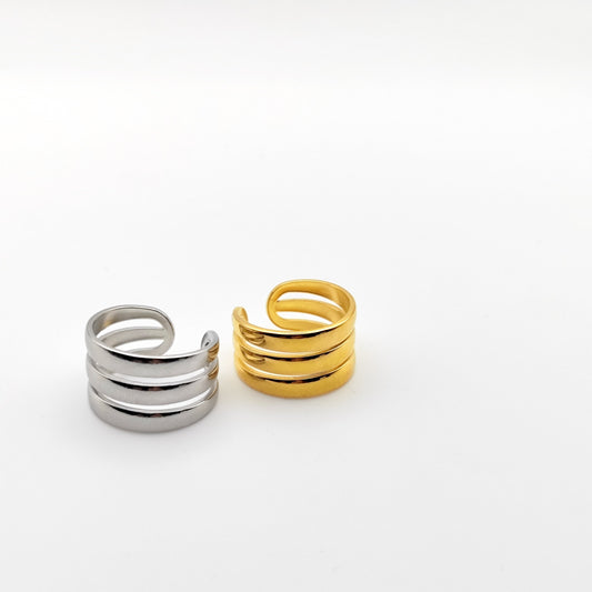 Three Rows Ring – Adjustable Polished Stainless Steel Statement Ring – Hypoallergenic & Waterproof -