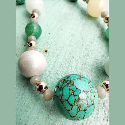 Handmade Natural Gemstone Necklace with Turquoise & Aventurine – 18k Gold-Plated Accents