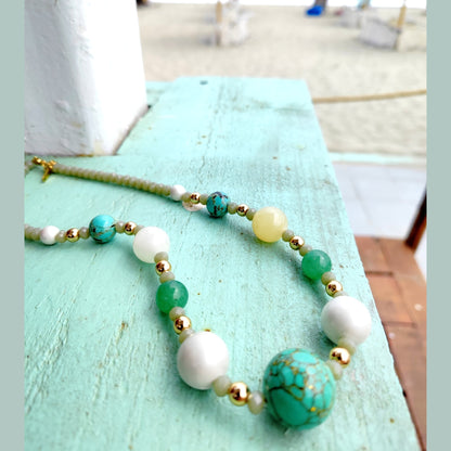Handmade Natural Gemstone Necklace with Turquoise & Aventurine – 18k Gold-Plated Accents