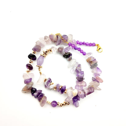 Handmade Amethyst Chip Necklace – Natural Purple Gemstones & Gold Plated Accents 