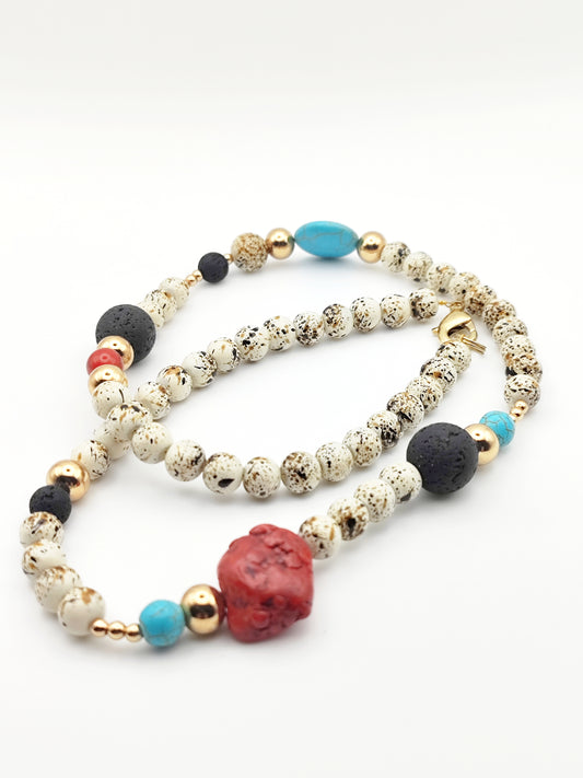 Handmade Natural Stone Necklace – Red Coral, Turquoise & Lava Beads – 18K Gold Plated & Hypoallergenic - HNSN 723 - -CF fashion
