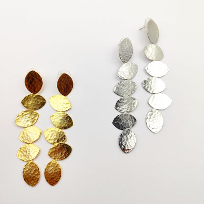 Trifyllon Earrings – Greek Hammered Jewelry – Available in 18K Gold, Silver, and Rose Gold Plated. Cascading hammered leaf design inspired by ancient Greek nature symbolism.