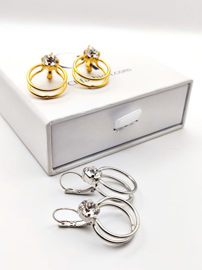 Gold double hoop earrings with Swarovski crystal, Greek hammered jewelry, available in gold, silver, and rose gold