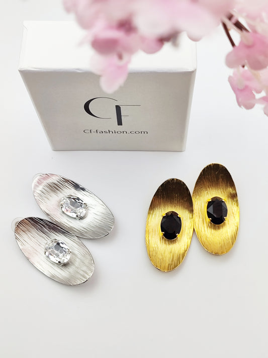 Aphrodite earrings, hammered oval design with crystals, Greek hammered jewelry, handmade, available in 18K gold plated, silver plated, or rose gold plated