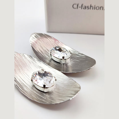 Aphrodite earrings, hammered oval design with crystals, Greek hammered jewelry, handmade, available in 18K gold plated, silver plated, or rose gold plated