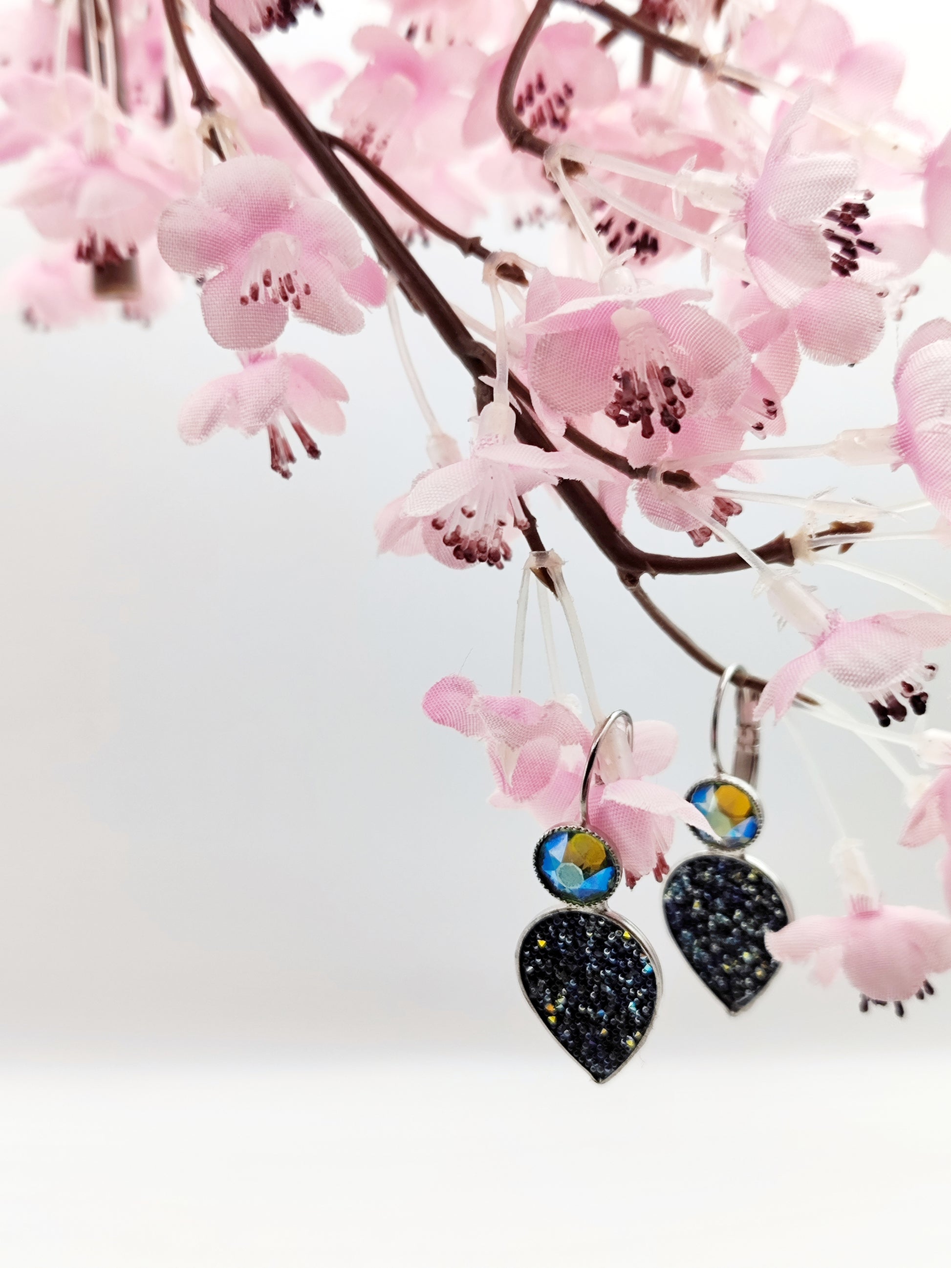 nyx earrings greek hammered jewelry 18k gold or silver plated with black glitter stone and iridescent crystal