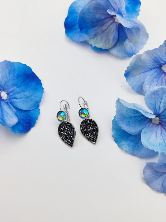nyx earrings greek hammered jewelry 18k gold or silver plated with black glitter stone and iridescent crystal