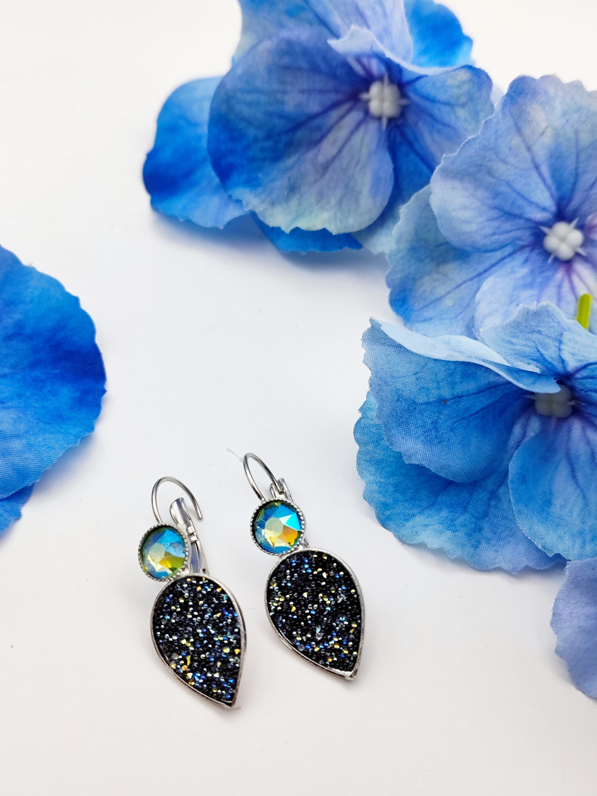 nyx earrings greek hammered jewelry 18k gold or silver plated with black glitter stone and iridescent crystal