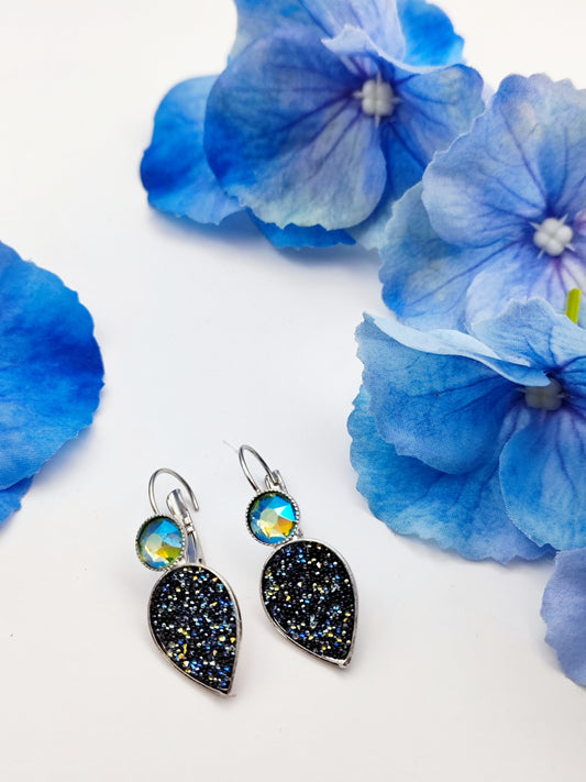 nyx earrings greek hammered jewelry 18k gold or silver plated with black glitter stone and iridescent crystal