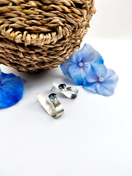 electra earrings greek hammered jewelry 18k gold or silver plated with blue or champagne crystal