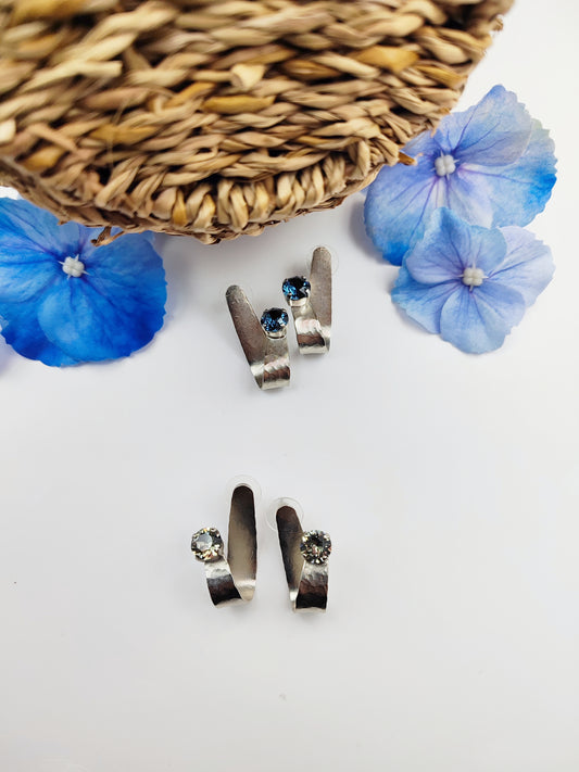 electra earrings greek hammered jewelry 18k gold or silver plated with blue or champagne crystal