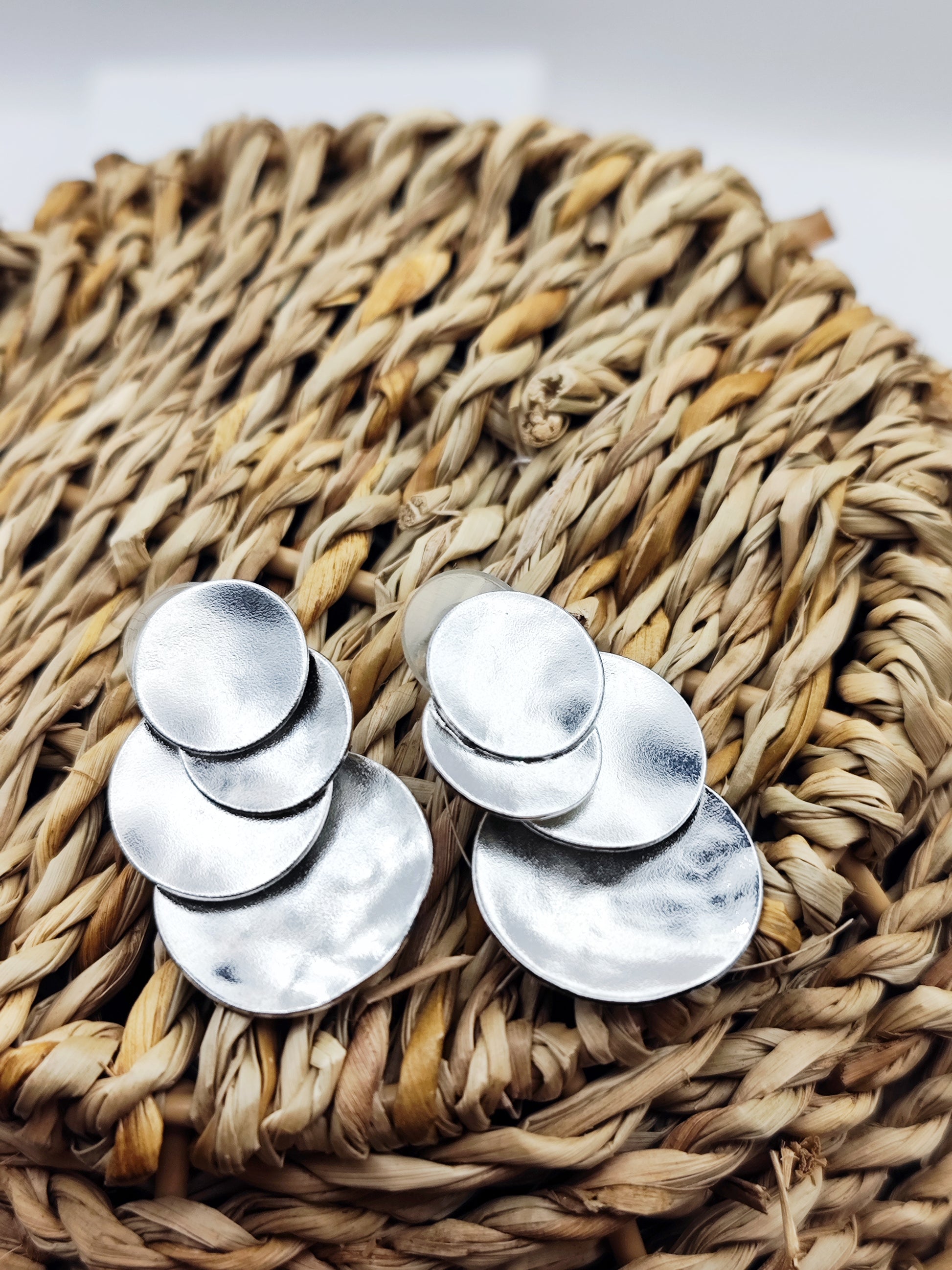 Ampelos earrings – Greek hammered jewelry in 18K gold plated, 18K silver plated, and rose gold plated. Handcrafted layered circular design inspired by the vine.
