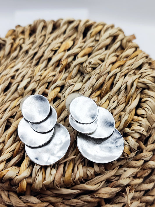Ampelos earrings – Greek hammered jewelry in 18K gold plated, 18K silver plated, and rose gold plated. Handcrafted layered circular design inspired by the vine.