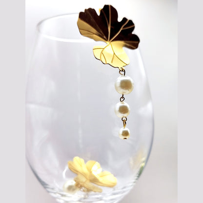 Geranium Leaf Pearl Drop Earrings – Nature-Inspired Stainless Steel, Hypoallergenic