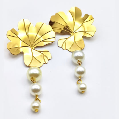 Geranium Leaf Pearl Drop Earrings – Nature-Inspired Stainless Steel, Hypoallergenic