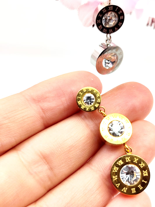 Stacked Circle Crystal Drop Earrings – Modern Stainless Steel, Hypoallergenic