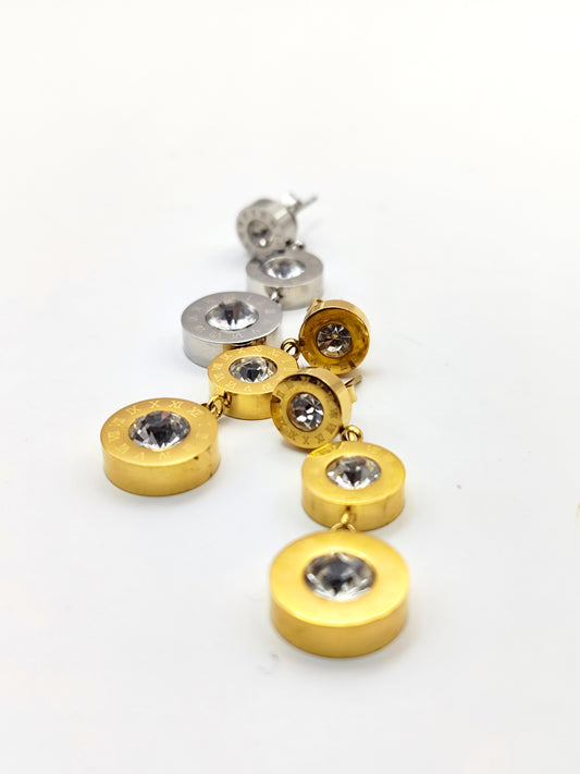 Stacked Circle Crystal Drop Earrings – Modern Stainless Steel, Hypoallergenic